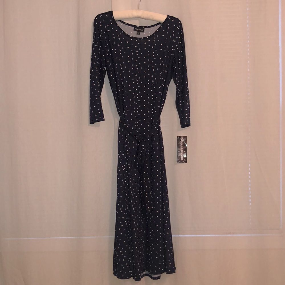Nina Leonard S Jersey Crew Neck Quarter Sleeve Midi Dress Navy White Lilac Print - Picture 2 of 16